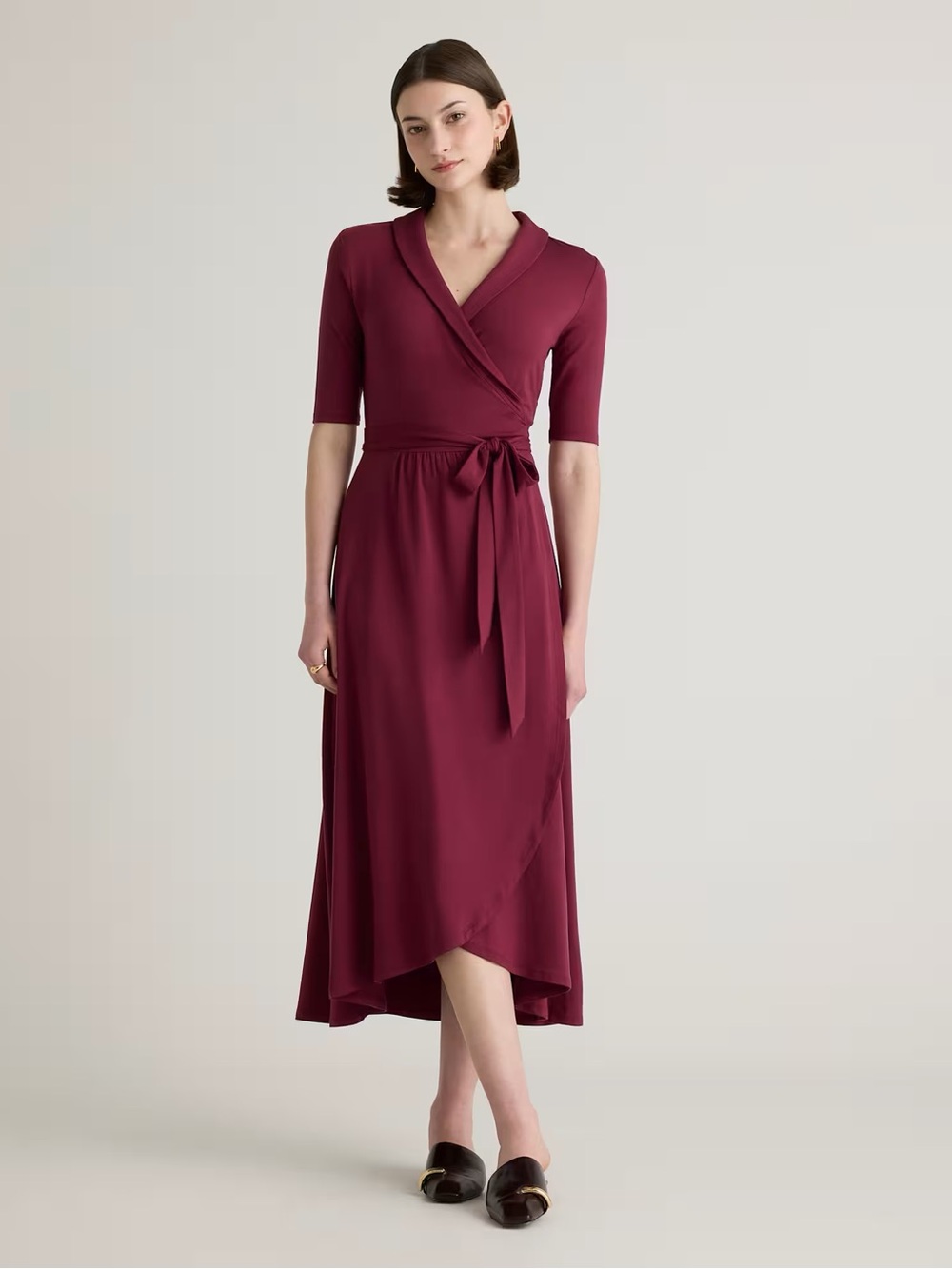 Quince Tencel Jersey Midi Wrap Dress Wine Red Burgundy Large